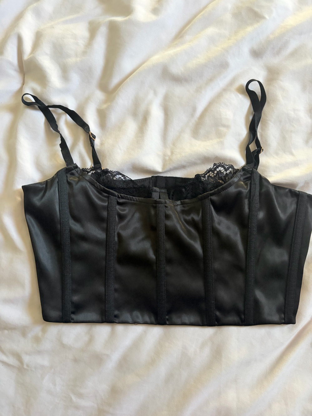 Black Satin Lace-Trim Bustier Tank Top - Women